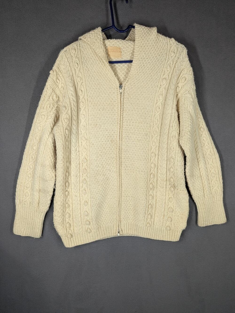 Handmade Women’s Cable-Knit Full Zip Cardigan Sweater Ivory Hooded L/XL